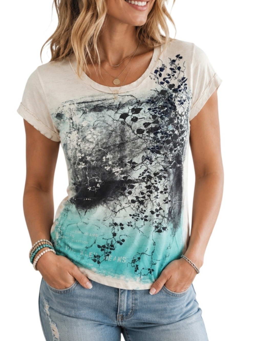 Calvin Klein Jeans Small Graphic Baby Tee Embroidered Floral Aqua Studded Y2K